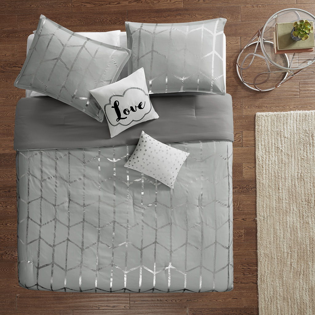 Raina - Metallic Printed Comforter Set - Gray / Silver