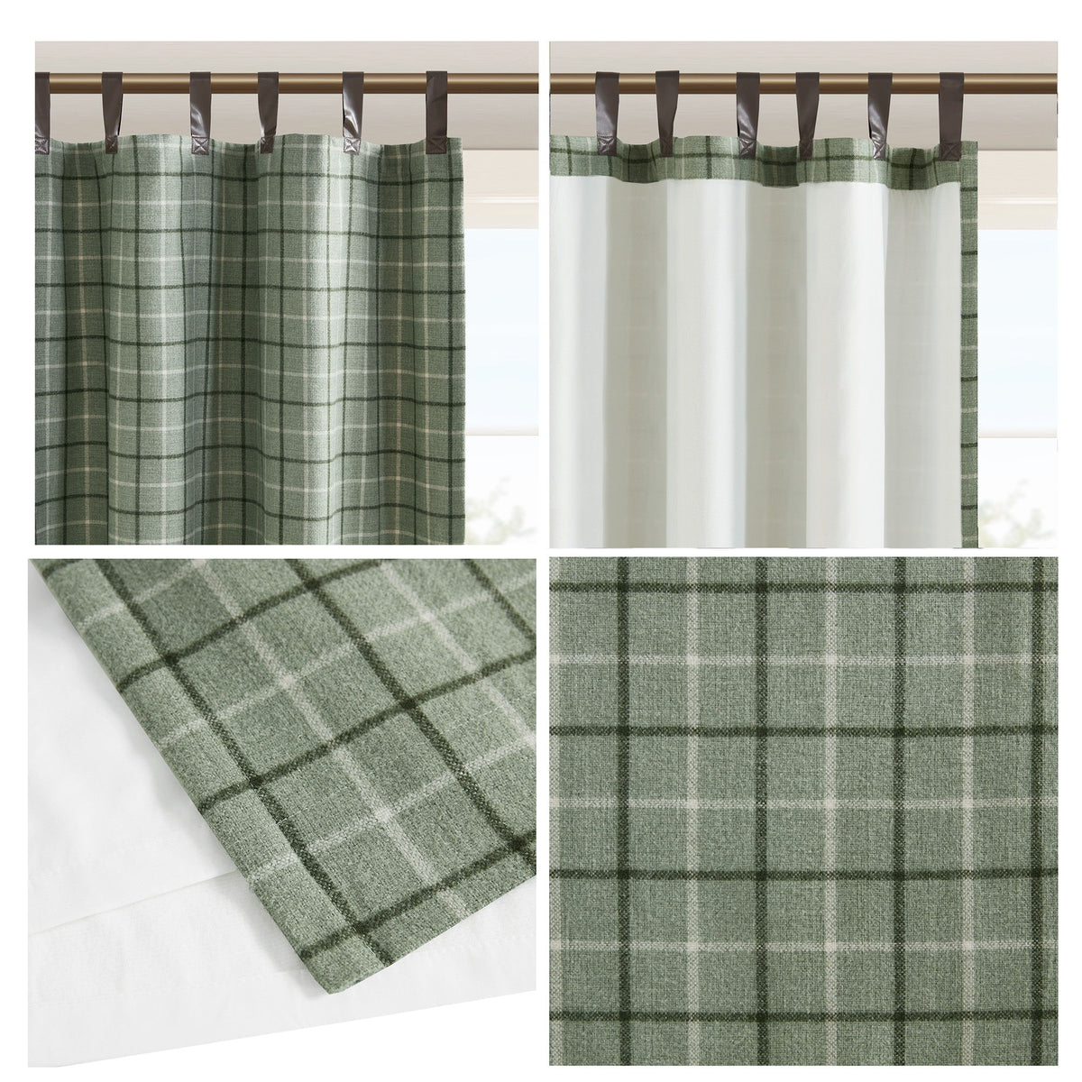 Anaheim - Plaid Faux Leather Tab Top Curtain Panel With Fleece Lining - Green