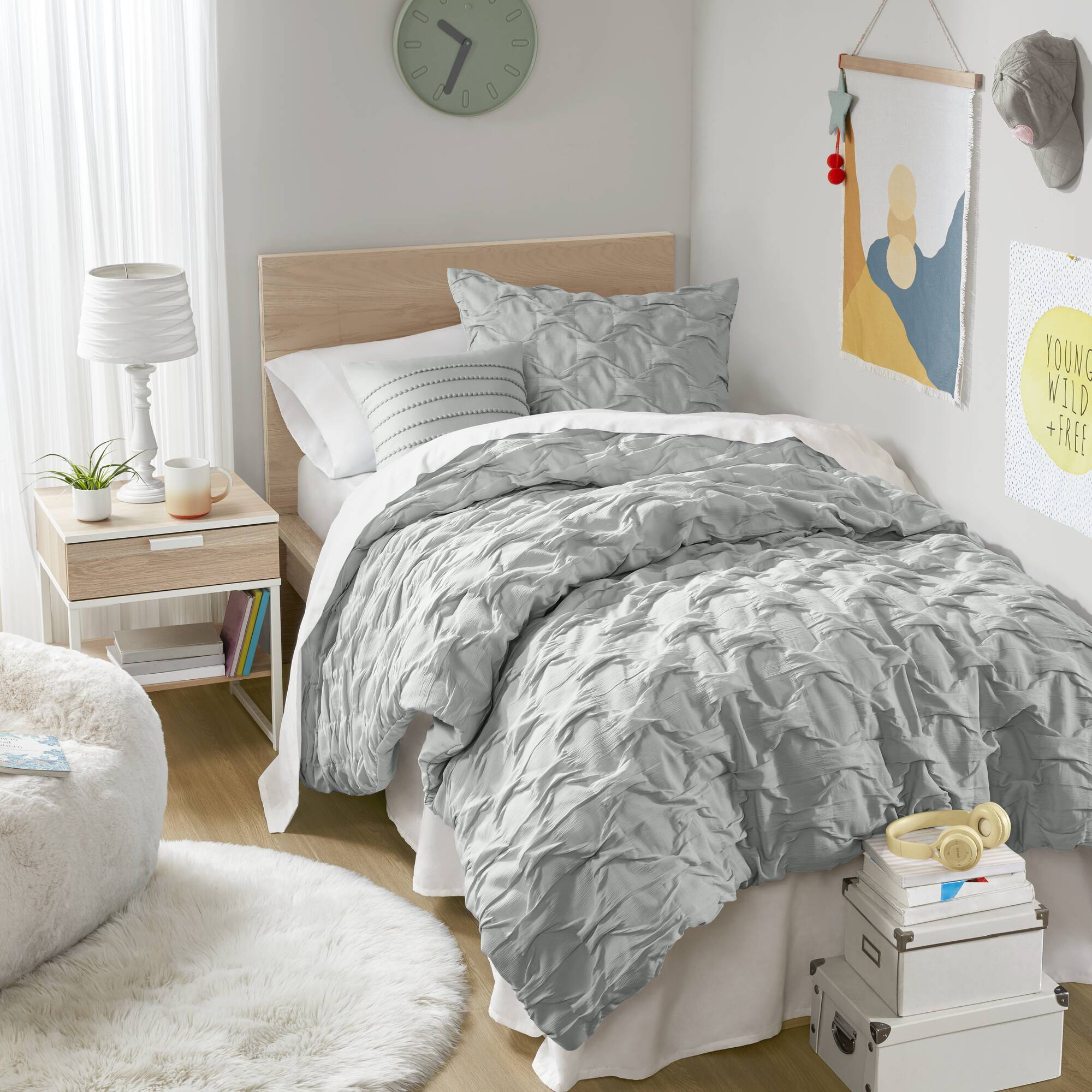 Bailey - Twin/Twin Long Diamond Pucker Comforter Set - Gray