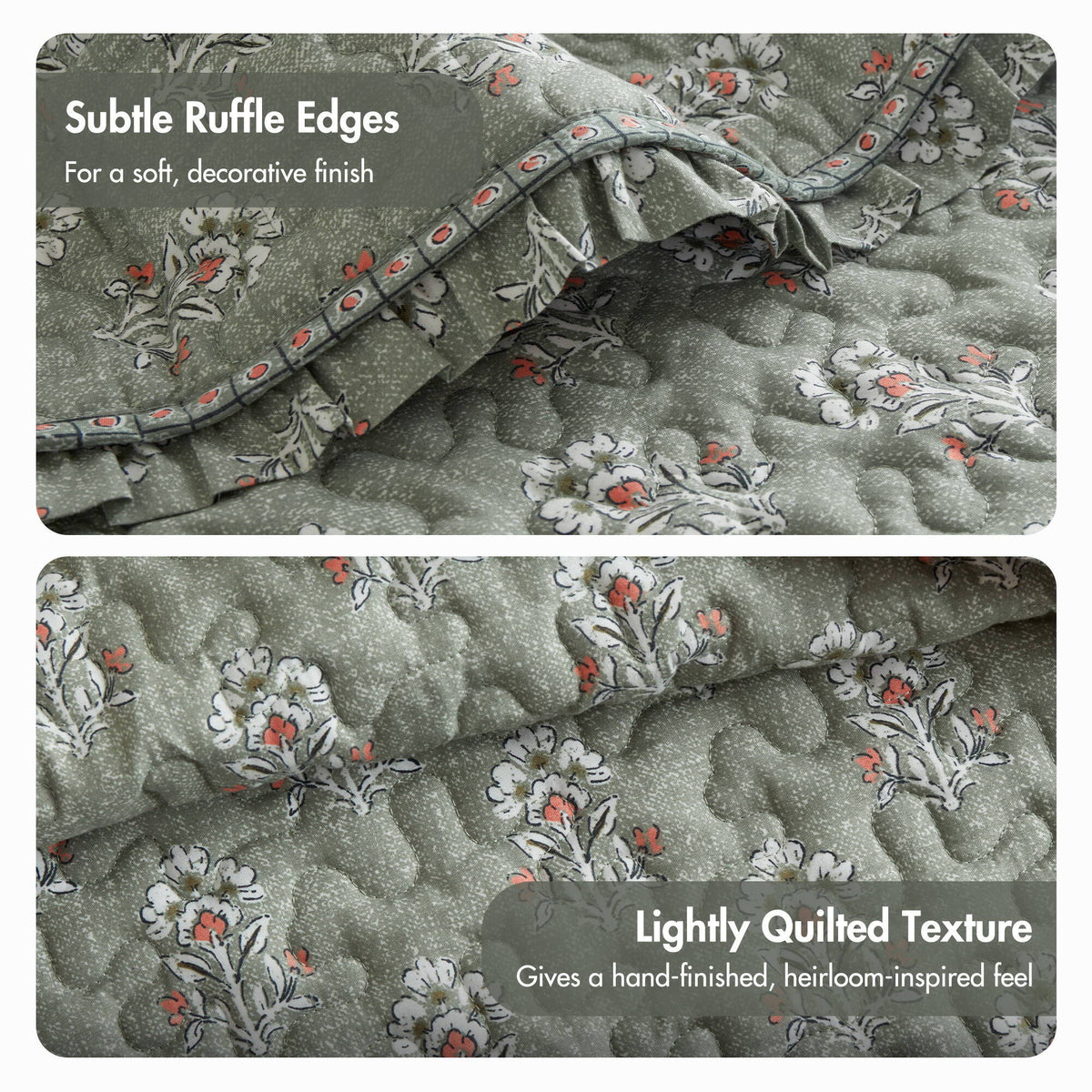 Linwood - Queen 3 Piece Ruffle Printed Quilt Set - Sage Green