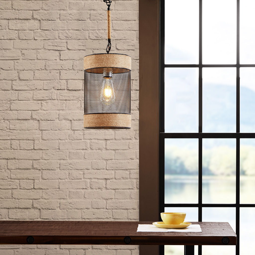 Orion - Natural Rope and Metal Mesh Cylinder Pendant - Natural / Black
