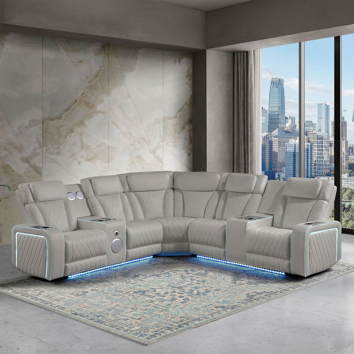 Electra - Power Recliner Sectional Sofa With Power Headrests, Console Loveseats, Wedge, LED Light Strip, Speakers