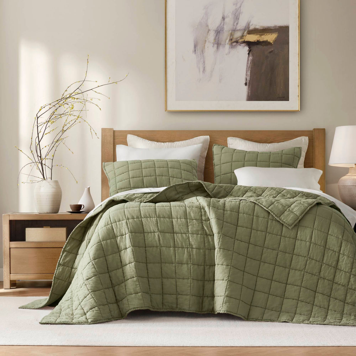 French Flax - King/California King Linen Garment Washed Quilt Set - Olive Green