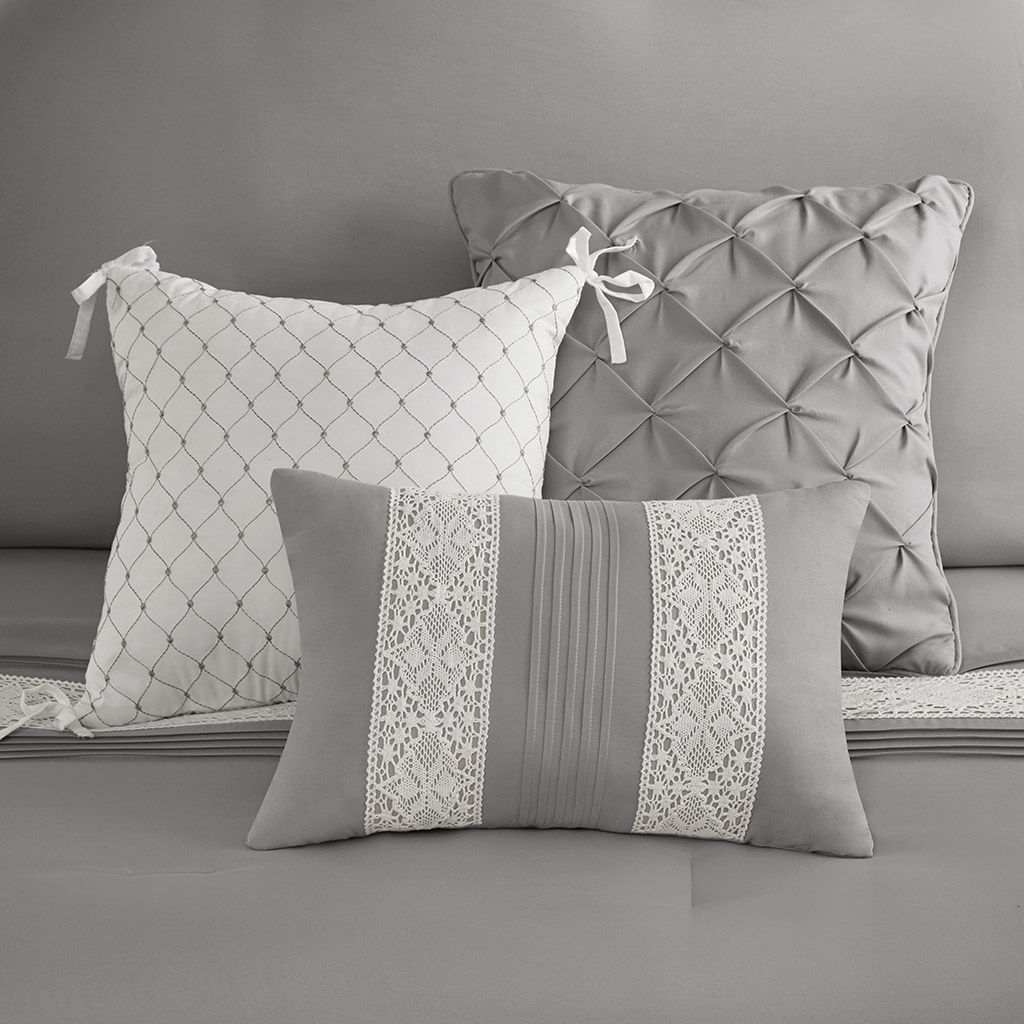 Lacey - 7 Piece Queen Lace Trim Comforter Set With Throw Pillows - Gray
