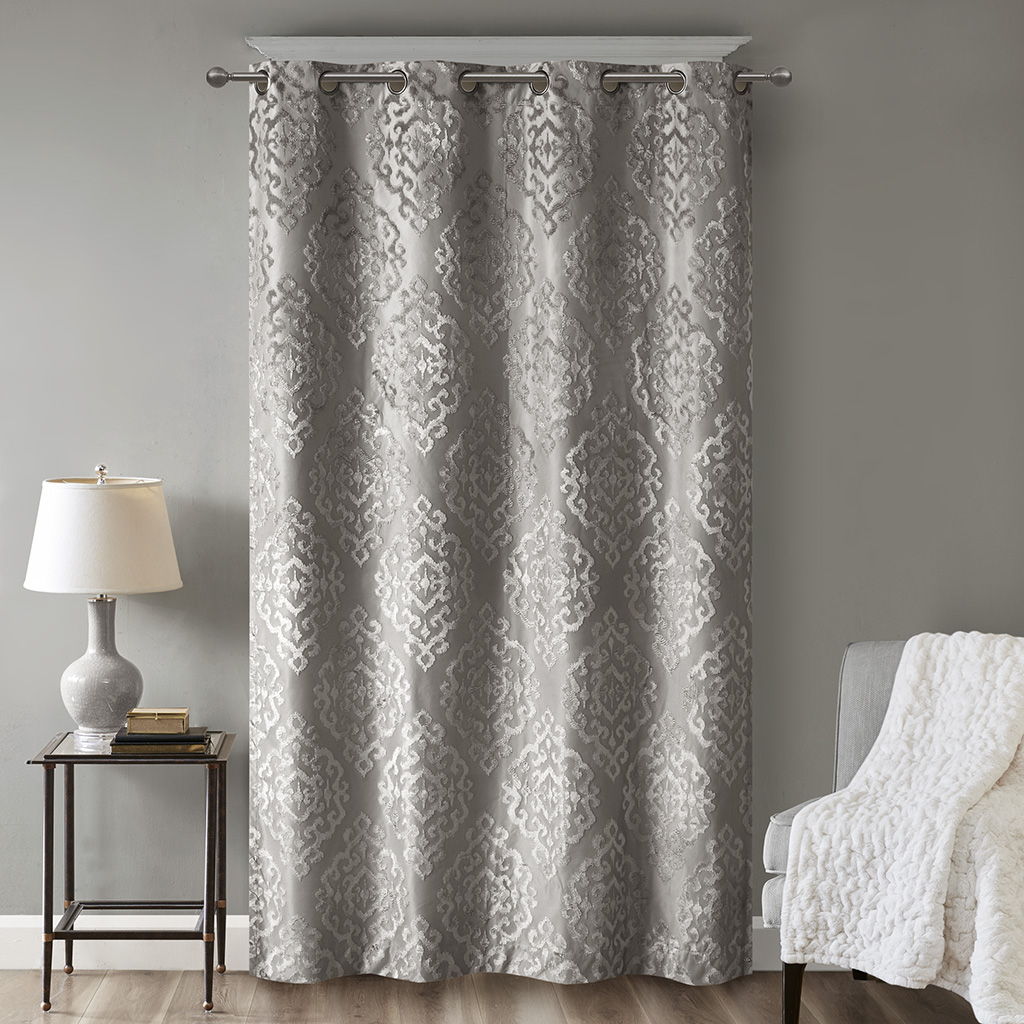 Mirage - 95"Knitted Damask Total Blackout Grommet Top Curtain Panel - Charcoal
