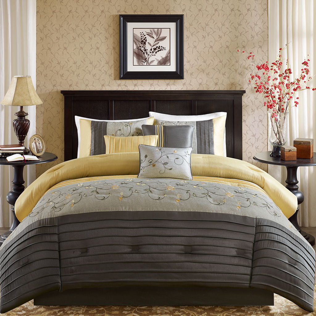 Serene - Queen Embroidered Piece Comforter (Set of 7) - Yellow