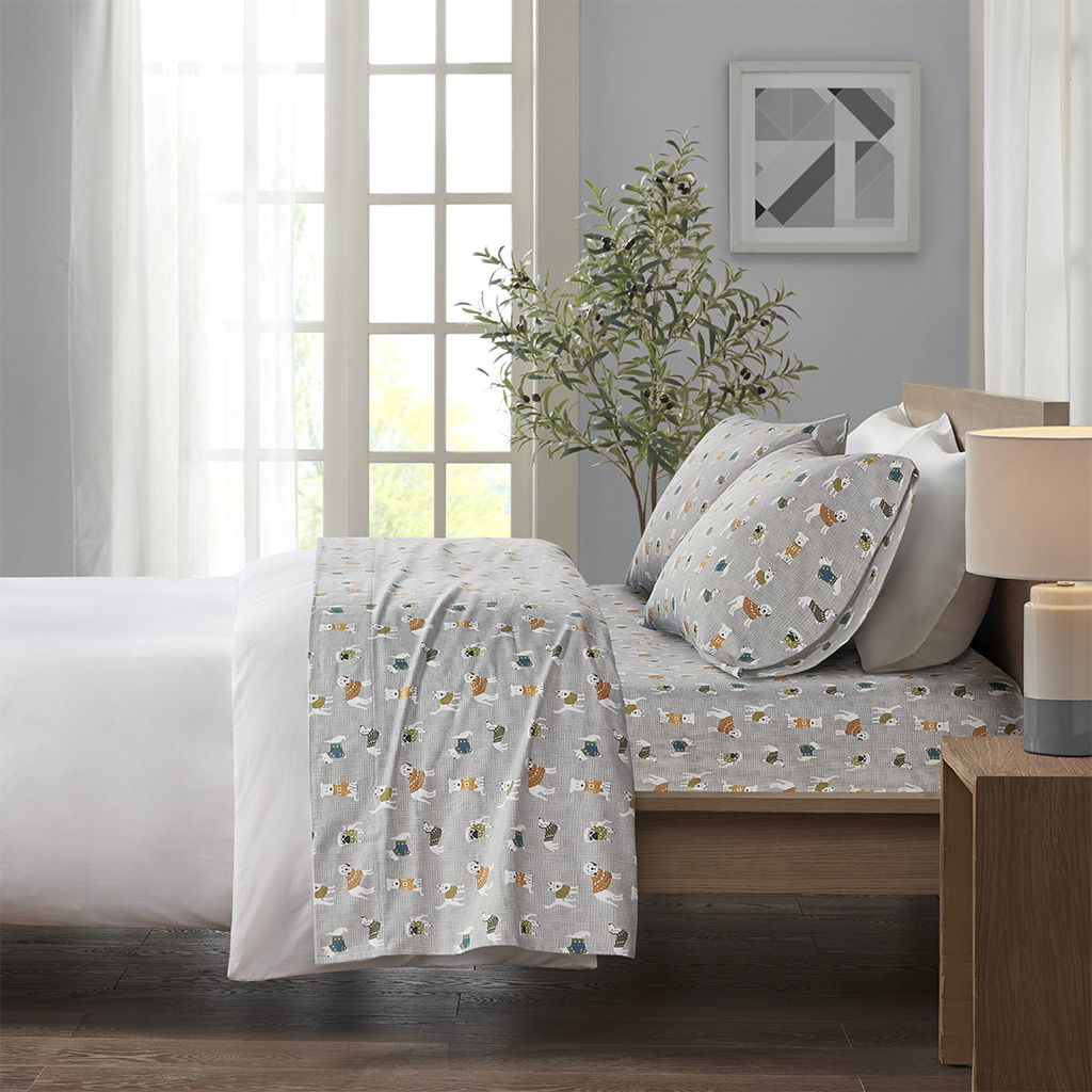 Cozy Flannel - Queen Printed Sheet Set - Gray Dogs