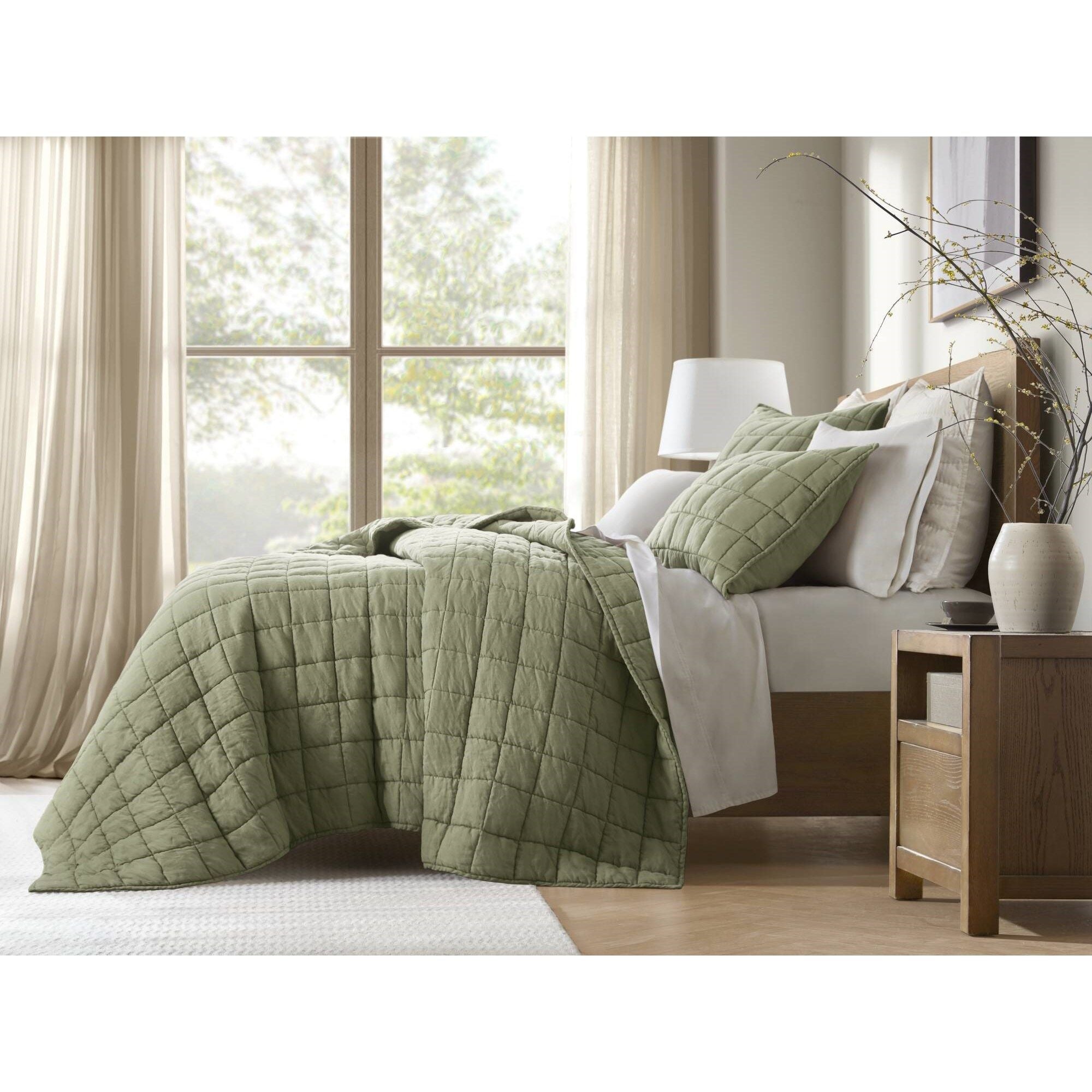French Flax - King/California King Linen Garment Washed Quilt Set - Olive Green