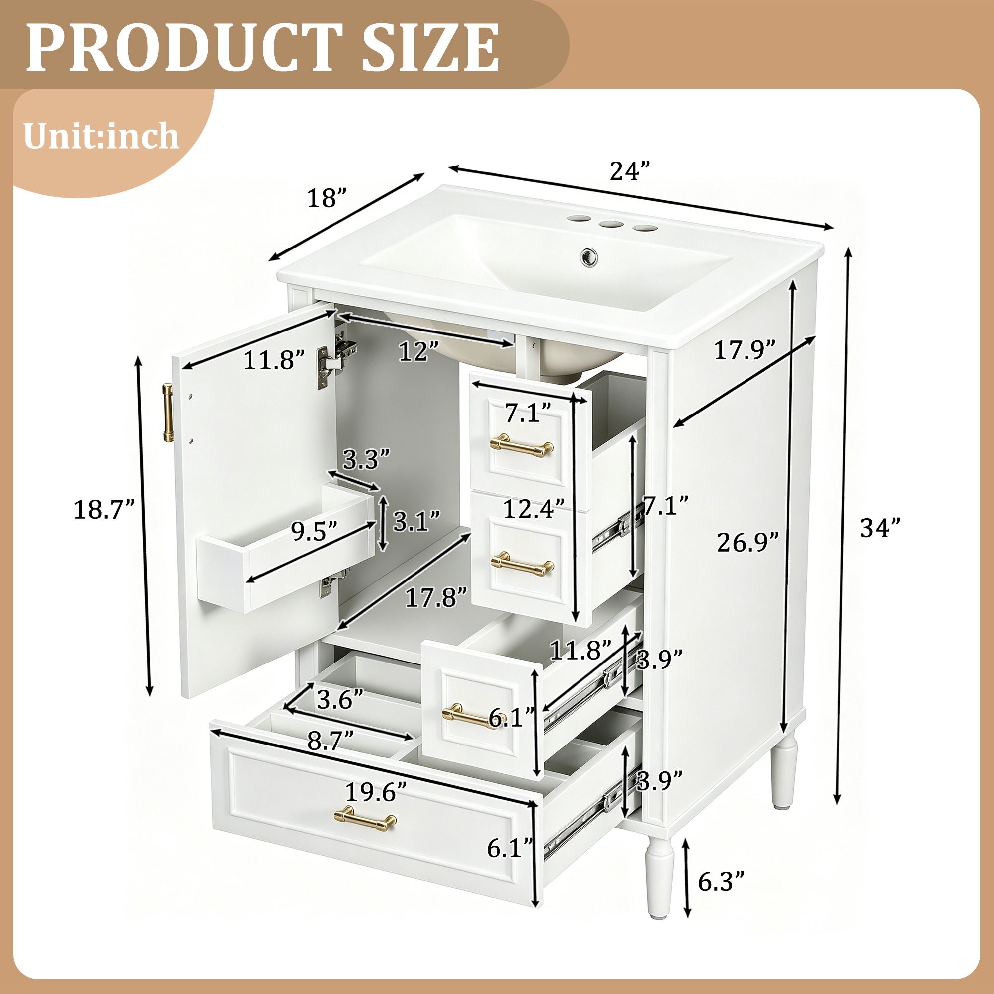 Modern Bathroom Vanity With Sink, Soft Close Doors, 3 Drawers