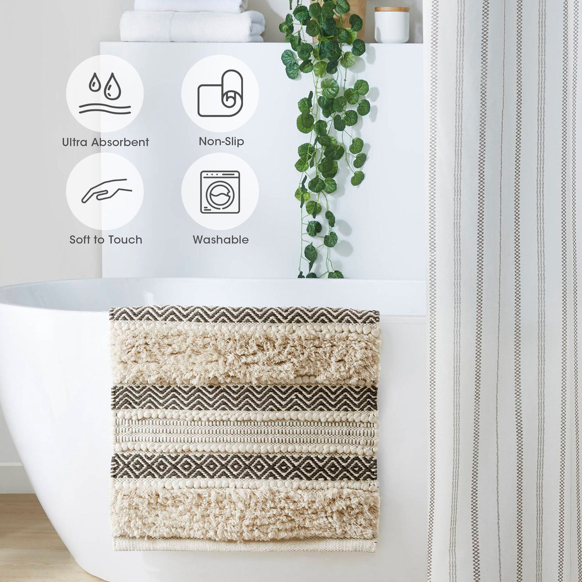 Asher - 22" x 58" Woven Texture Stripe Bath Rug - Black