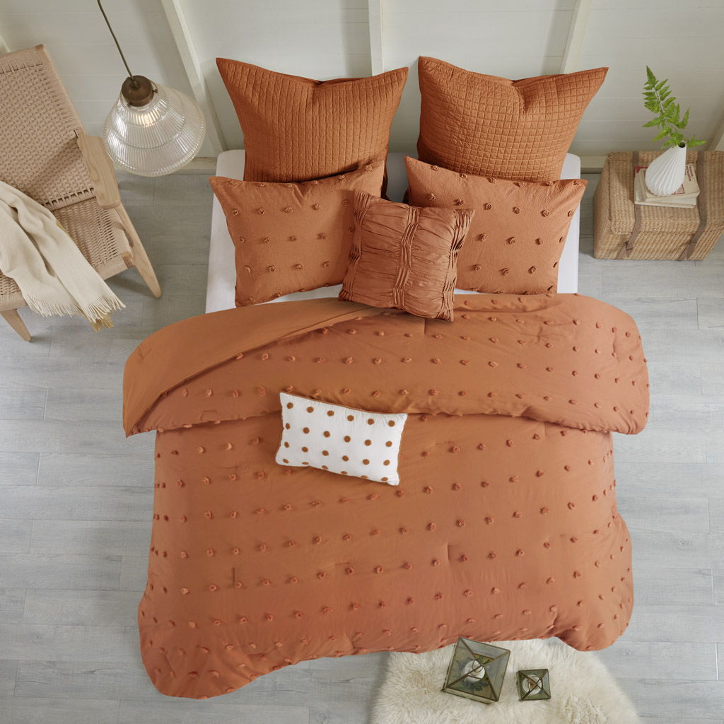 Brooklyn - Cotton Jacquard Queen Comforter Set With Euro Shams and Throw Pillows - Rust