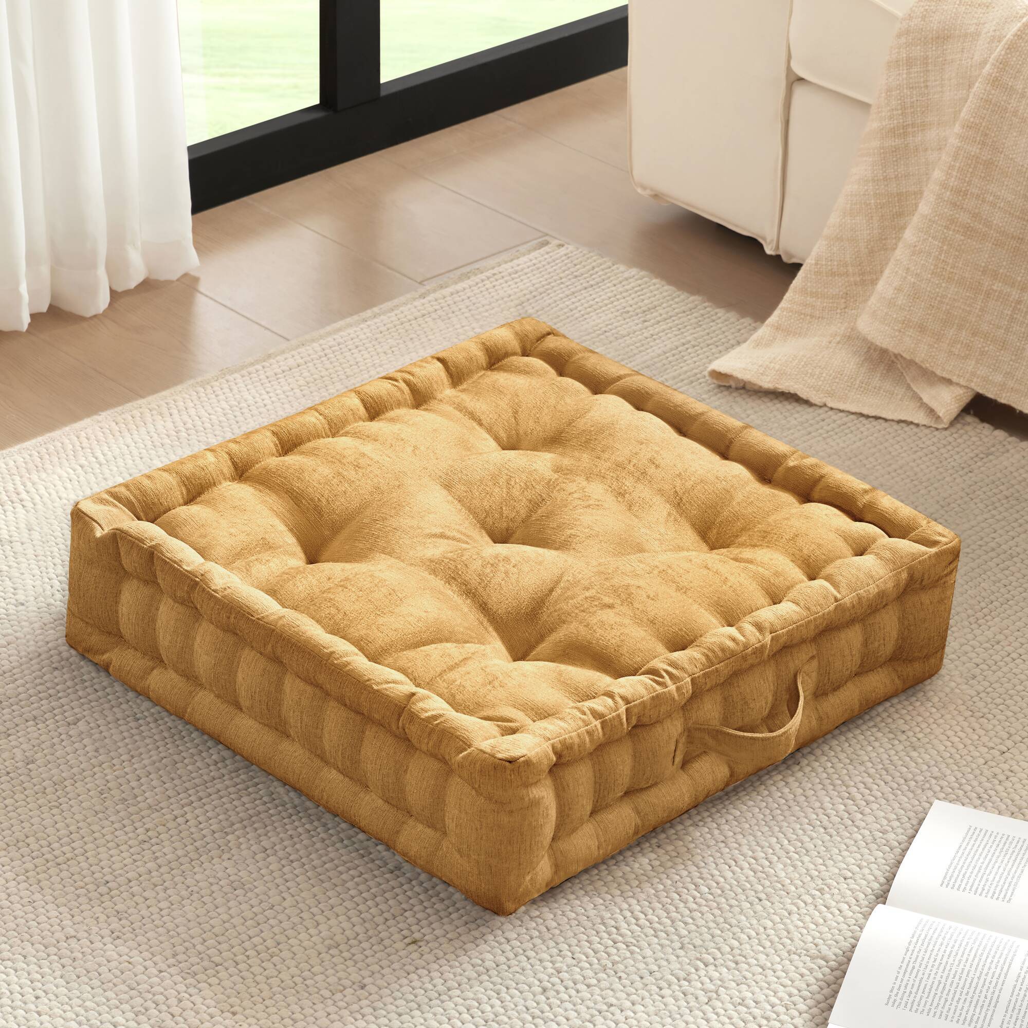 Azza - Poly Chenille Square Floor Pillow Cushion - Yellow