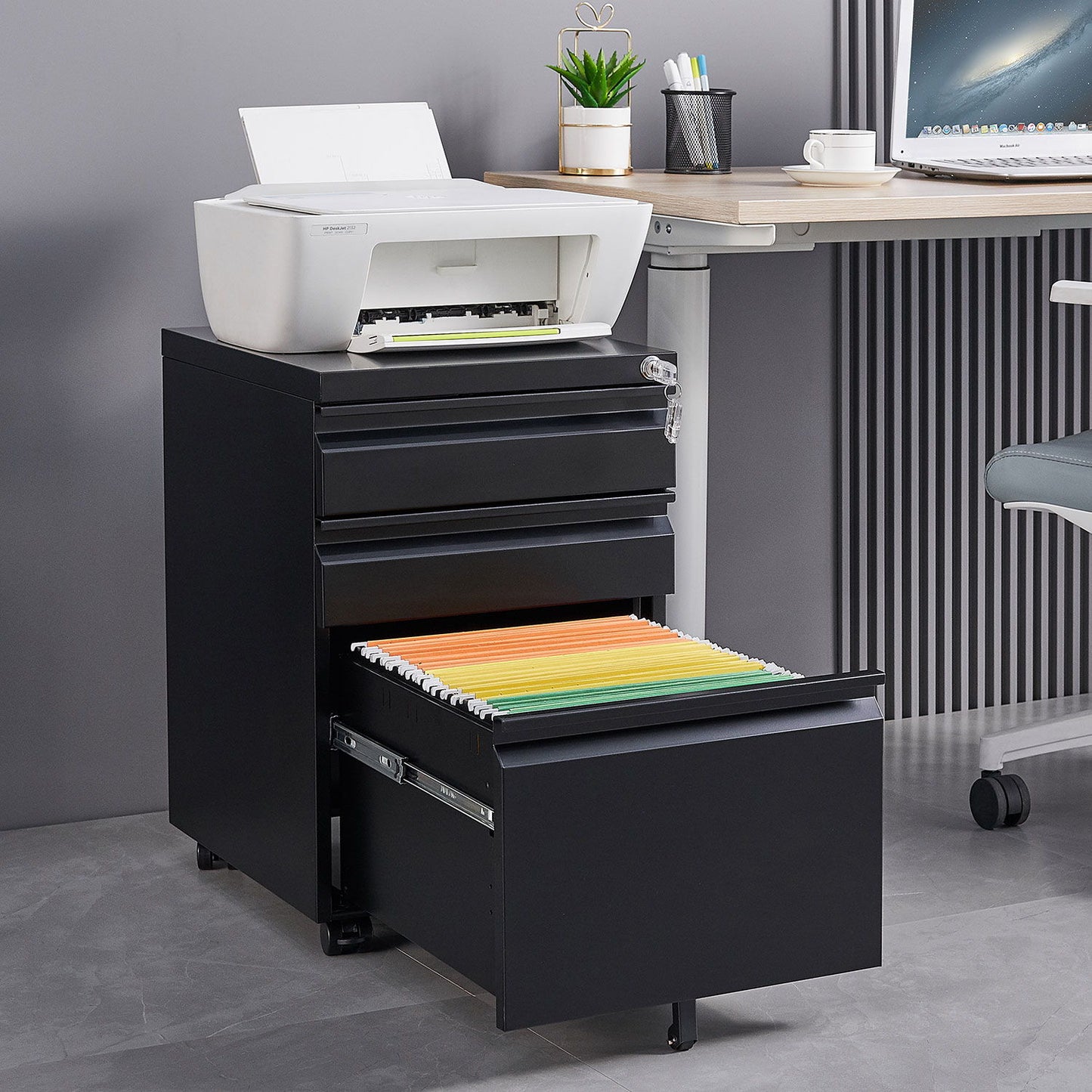 Contemporary 3 Drawer Mobile Filing Cabinet With Lock, Metal Office Storage For Legal / Letter Size