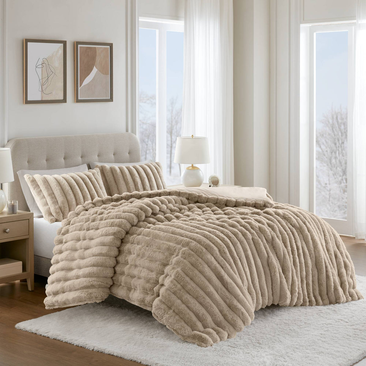 Jasmine - 3 Piece Full/Queen Ultrasoft Ribbed Comforter Set - Taupe
