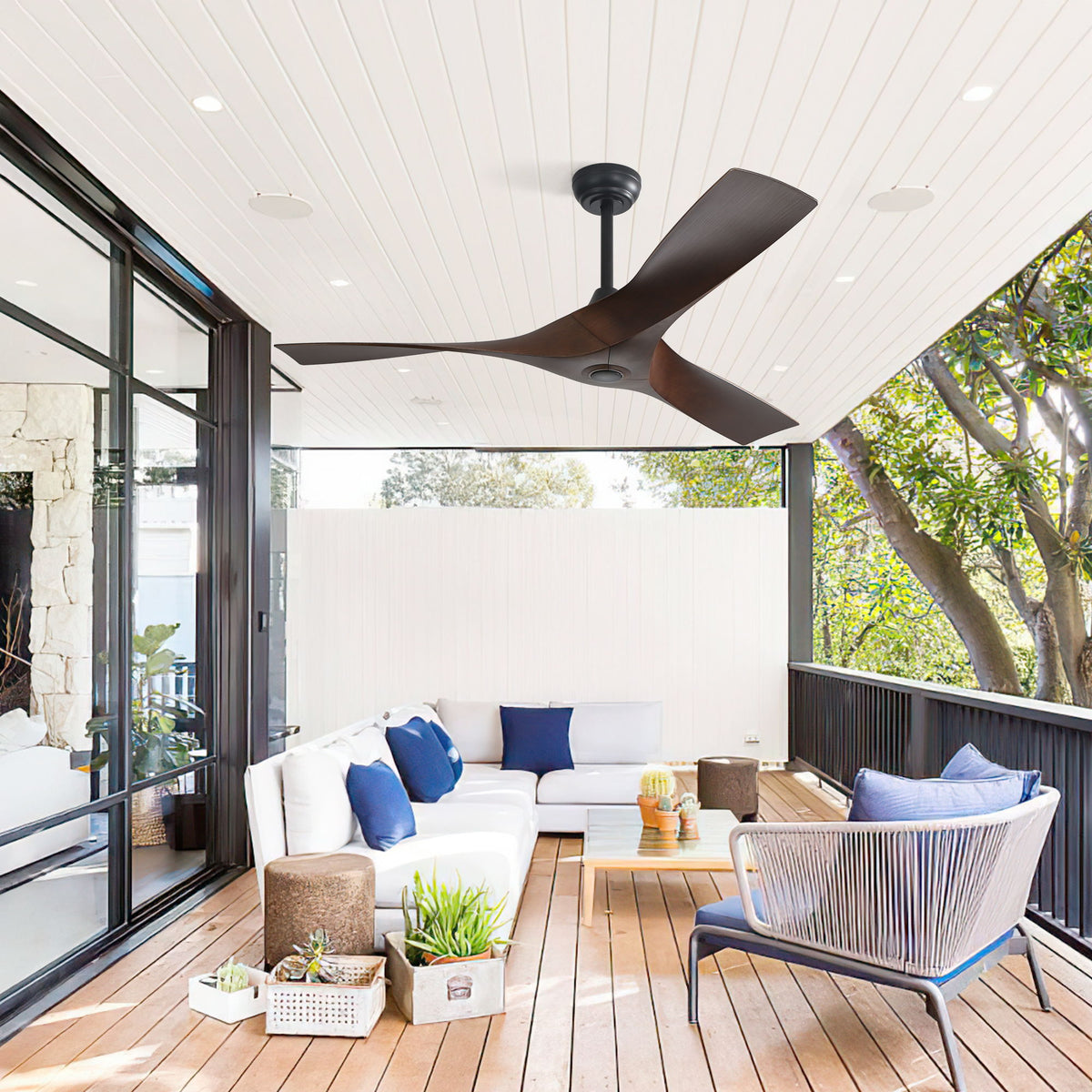 52" Blade Ceiling Fan Without Light, 6 Speed Reversible DC Motor For Living Room, Outdoor Use - Black