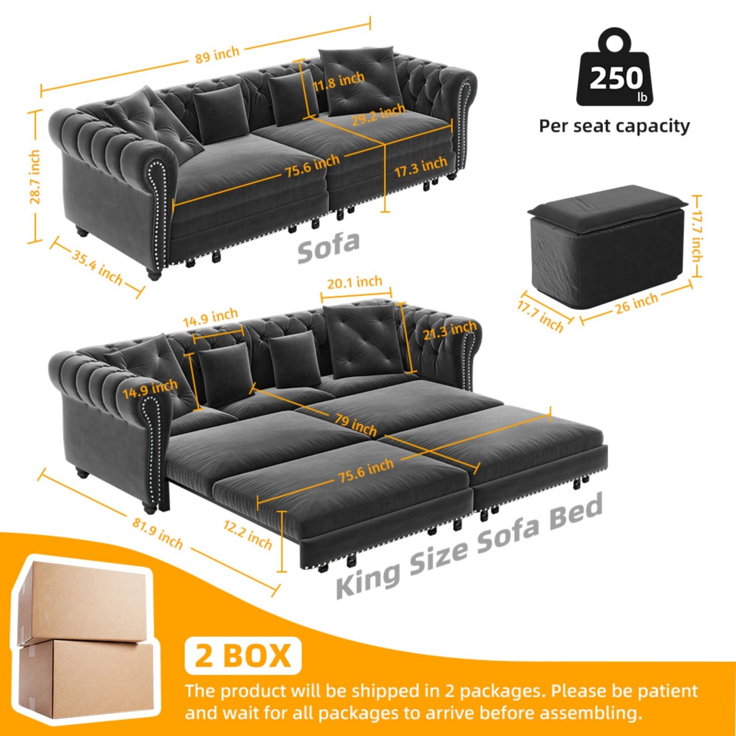 3 In 1 Convertible Sleeper Sofa Bed With Movable Ottoman