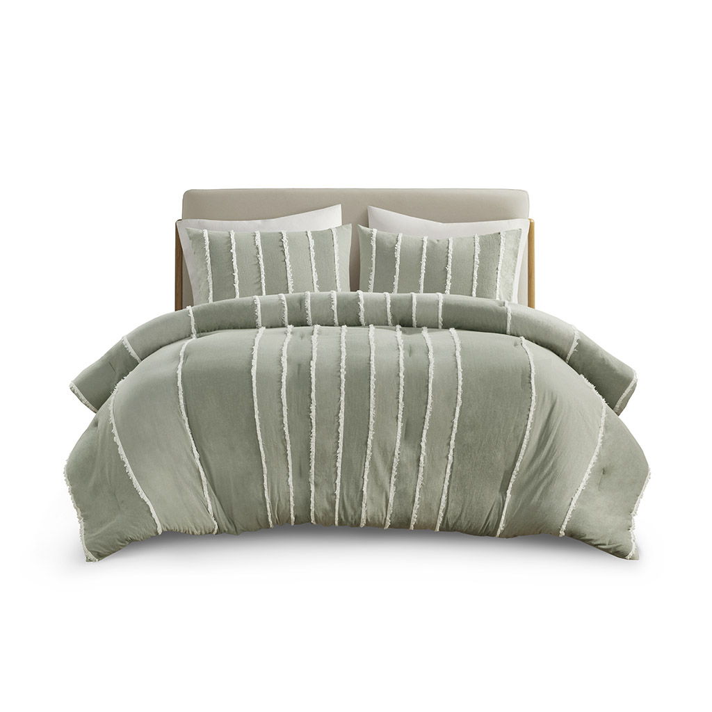 Shay - 3 Piece Striped Cotton Comforter Set - Green