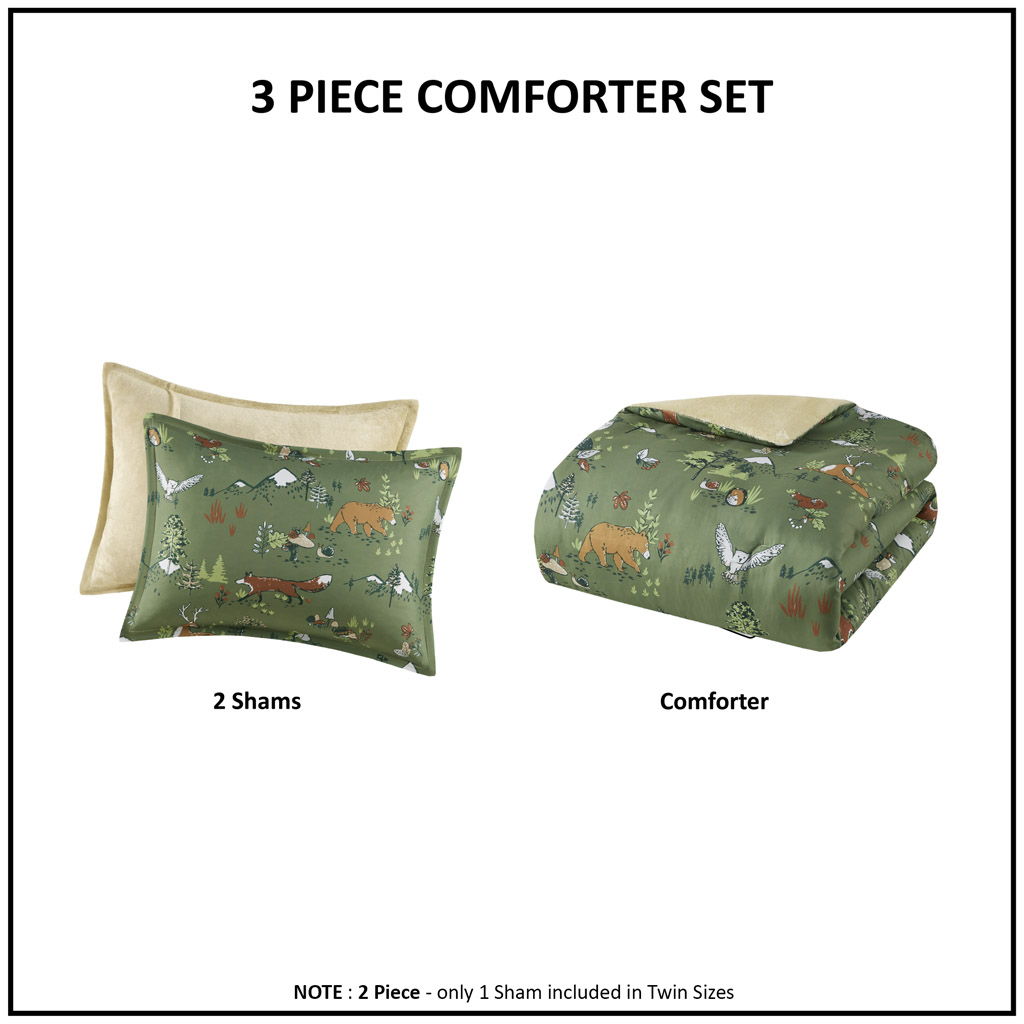 Heath - Forest Animals Plush Reversible Comforter Set - Green