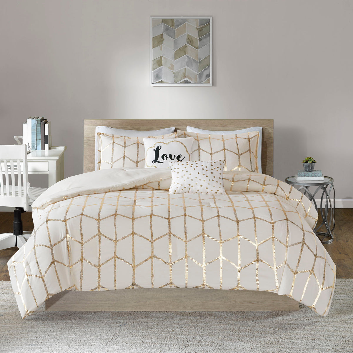 Raina - Brushed Microfiber Printed Comforter Set - Gold / Ivory