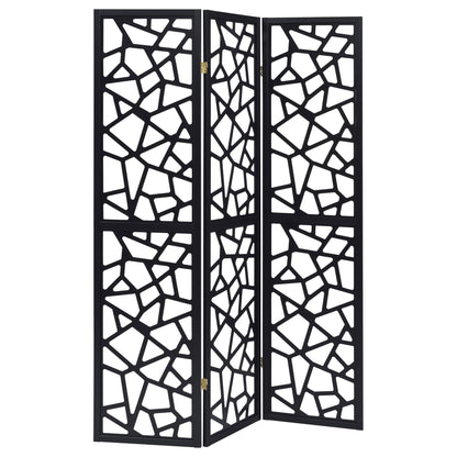 3 Panel Folding Screen With Mosaic Cutout Design - Black
