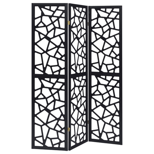 3 Panel Folding Screen With Mosaic Cutout Design - Black