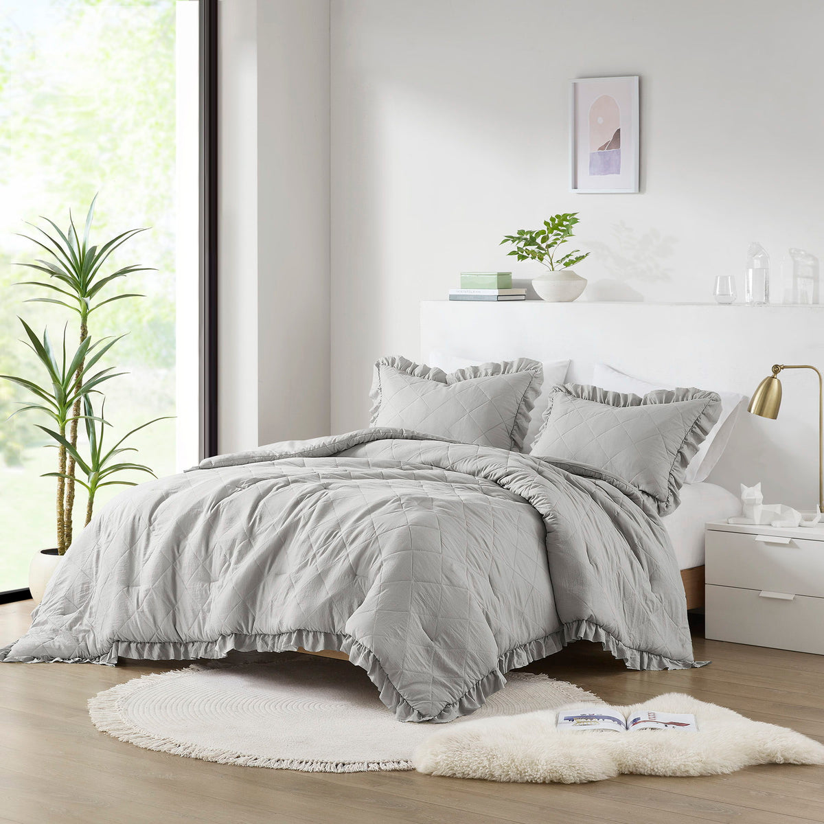 Phoebe - Full/Queen Diamond Quilted Ruffle Edge Comforter Set - Gray