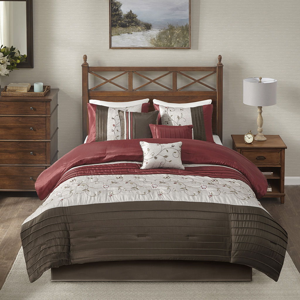 Serene - Queen Embroidered Piece Comforter (Set of 7) - Red