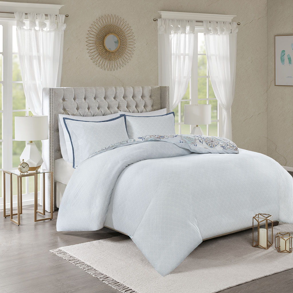 Isla - 3 Piece Printed Reversible Duvet Cover Set - Blue