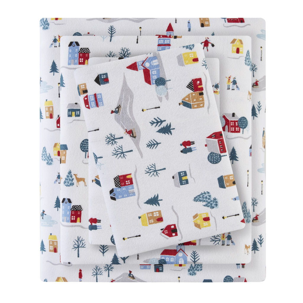 Cozy Flannel - 4 Piece California King Printed Sheet Set - White Village Print