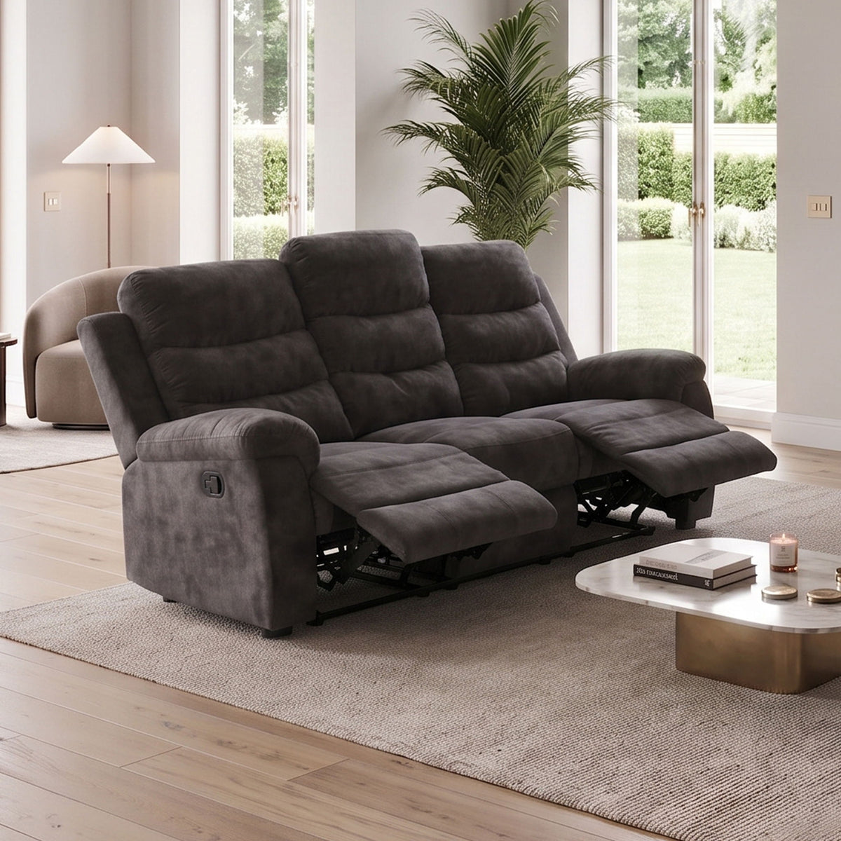 3 Seater Manual Recliner Sofa With 150° Recline, 2 Adjustable Side Seats, Extended Footrest, Oversized Seating For Living Room - Dark Gray