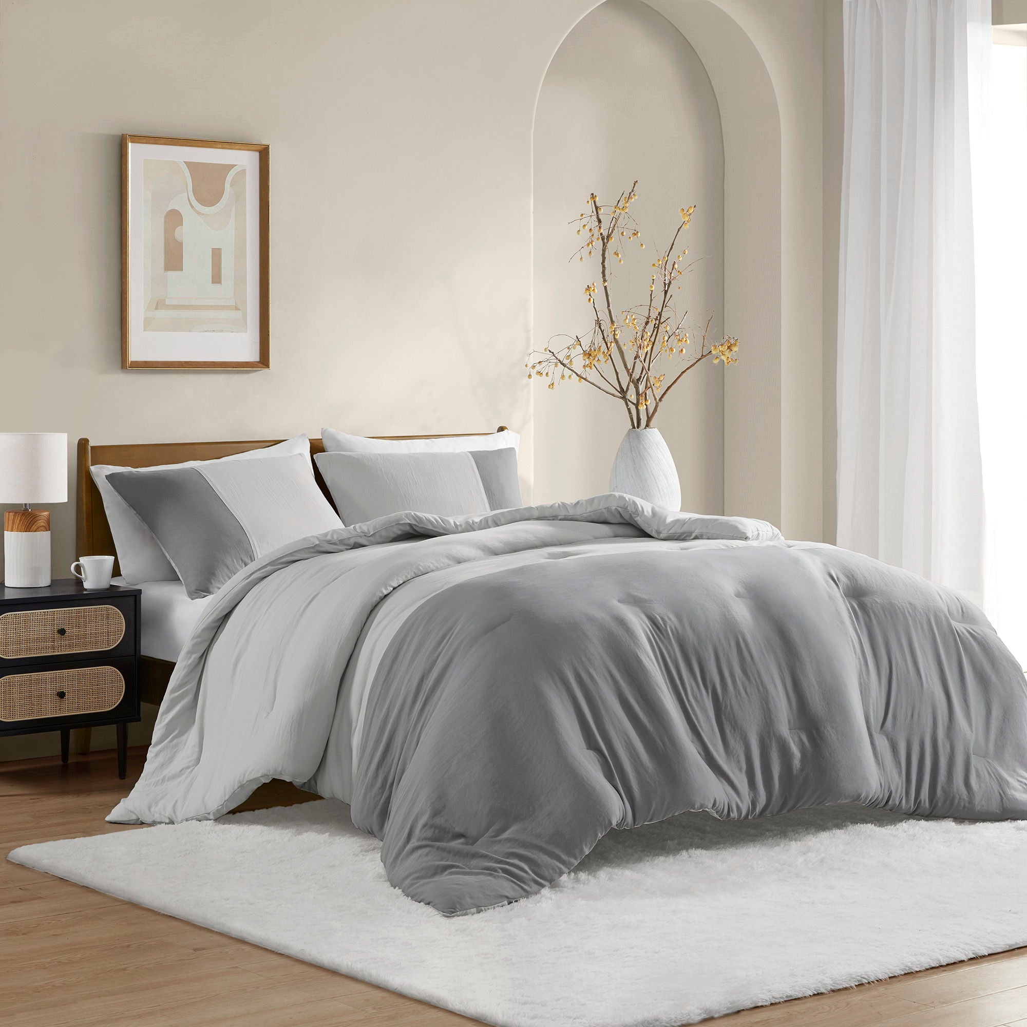 Miro - Full/Queen Soft Washed Block Comforter Set - Gray