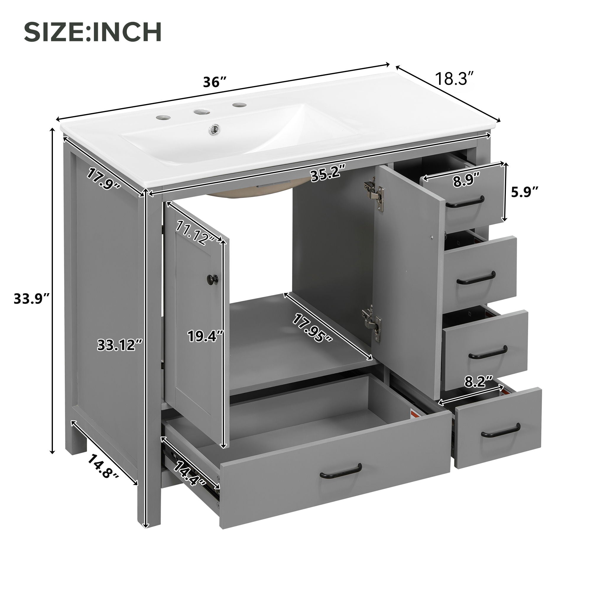 Bathroom Vanity With Sink Combo, 2 Soft Close Doors And 5 Drawers