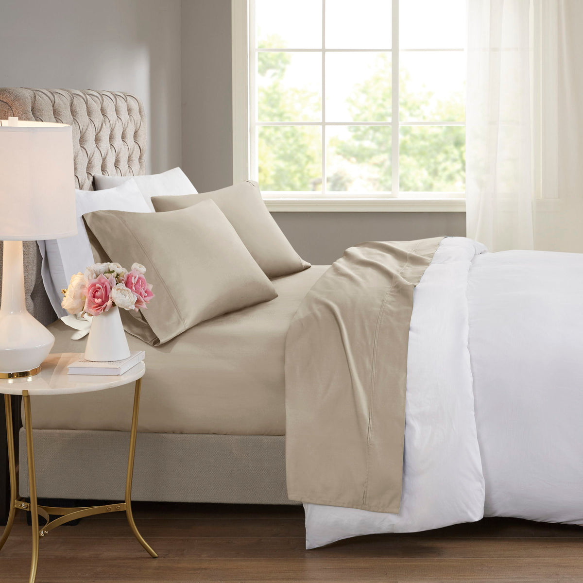 600 Thread Count - Cooling Cotton Blend 4-Piece Sheet Set - Khaki