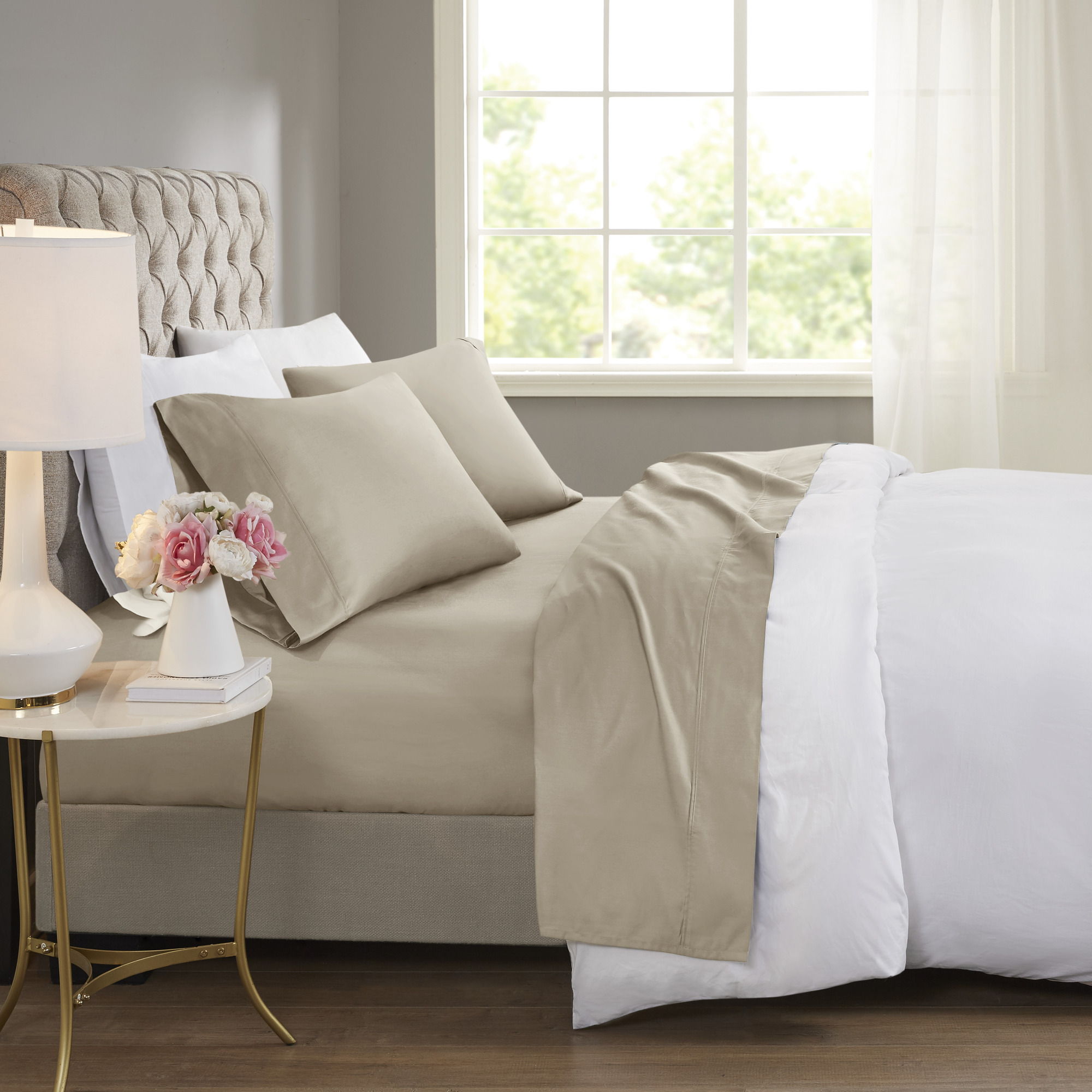 600 Thread Count - Queen Cooling Cotton Blend 4 Piece Sheet Set - Khaki