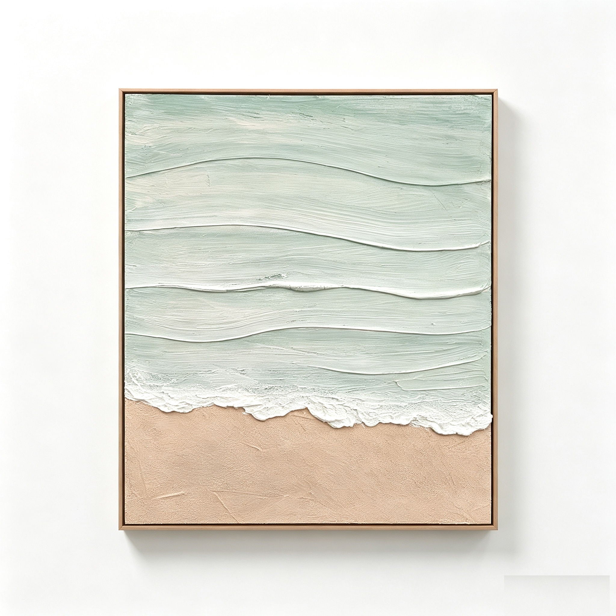 Framed Beach Wall Art, Textured Canvas Painting, Neutral Ocean Decor For Living Room - Beige / Blue