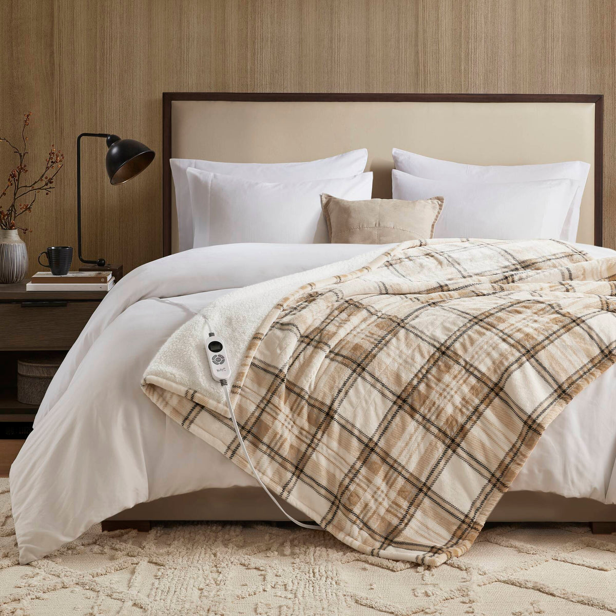 Print Plush To Sherpa - 50X60" Heated Throw - Tan Plaid