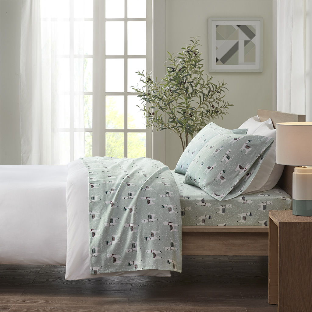 Cozy Flannel - Printed Sheet Set - Seafoam Llama