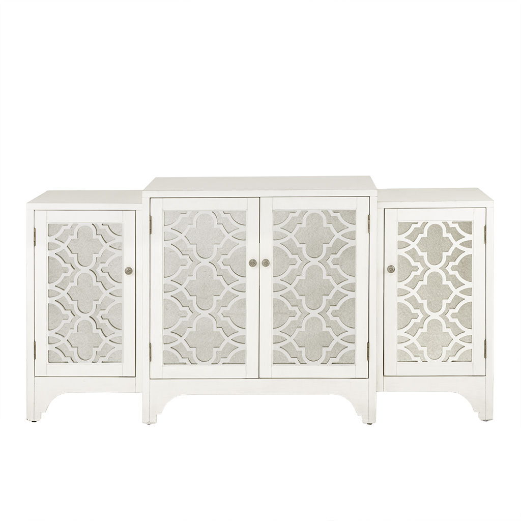 Verona - Dining Buffet Server Quaterfoil Design Kitchen Storage Cabinet With Mirrored Doors - Cream