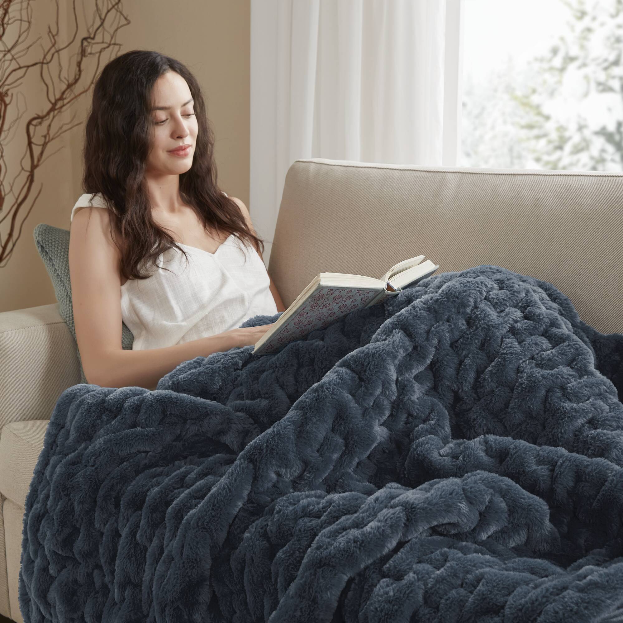 Ruched Fur - Throw - Slate Blue