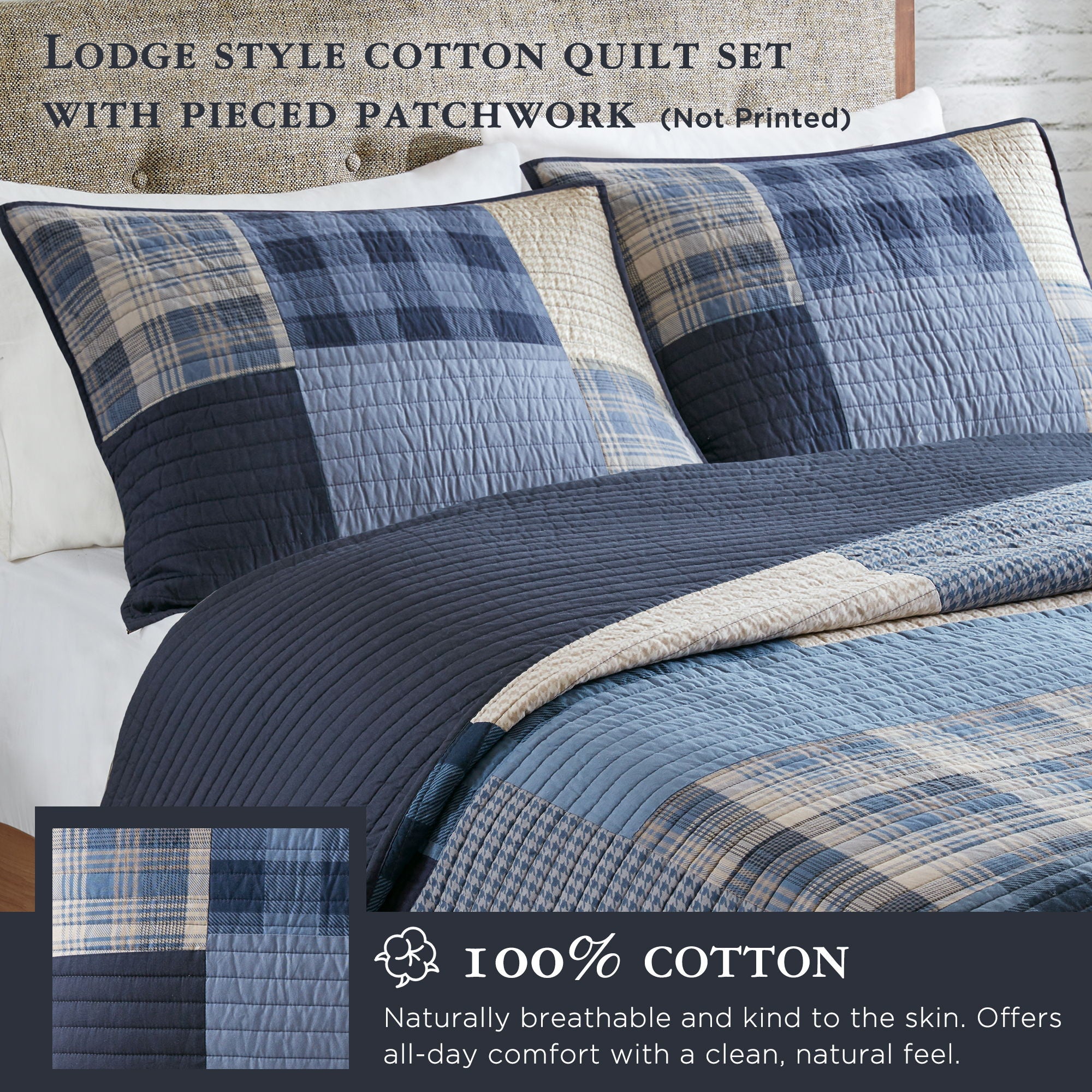 Winter Hills - Oversized Twin Cotton Quilt Set - Blue