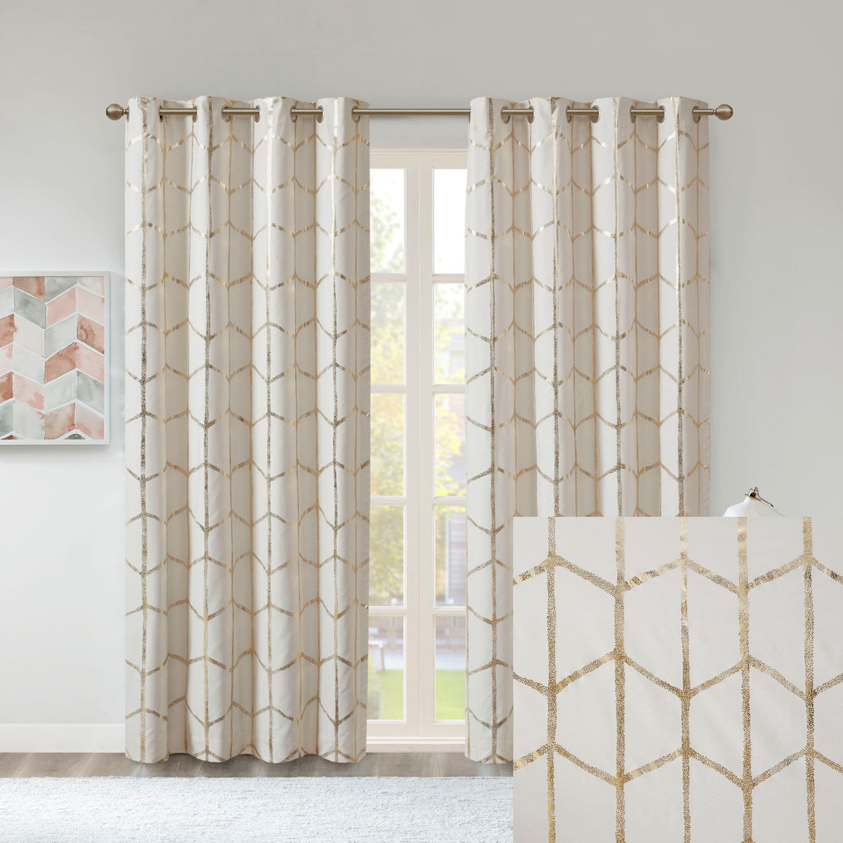 Raina - 84" Total Blackout Metallic Print Grommet Top Curtain Panel - Ivory / Gold