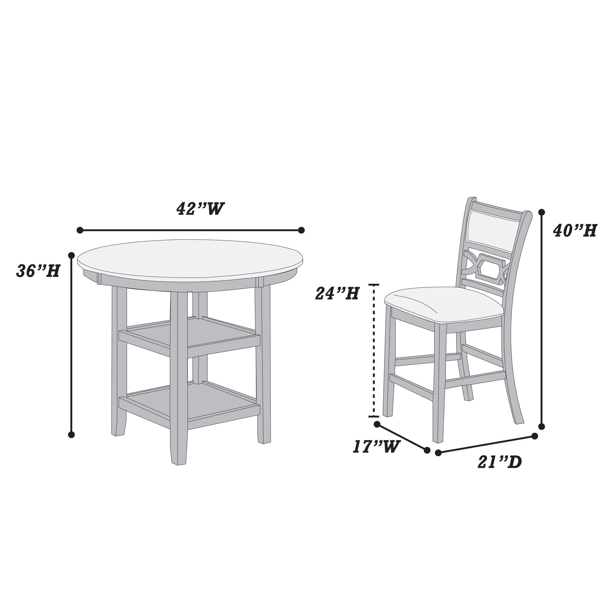 5 Piece Counter Height Dining Set With Storage Shelves Round Table And Upholstered High Chairs - Gray