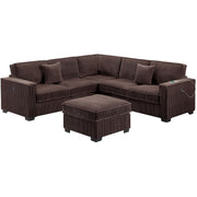 4 Piece Sectional Set With USB Ports, Left Arm Facing / Right Arm Facing Loveseat, Corner Wedge, Cocktail Ottoman, 2 Pillows - Chocolate