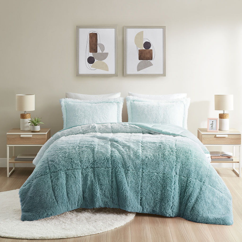 Brielle - King Ombre Shaggy Long Comforter Mini Set - Blue
