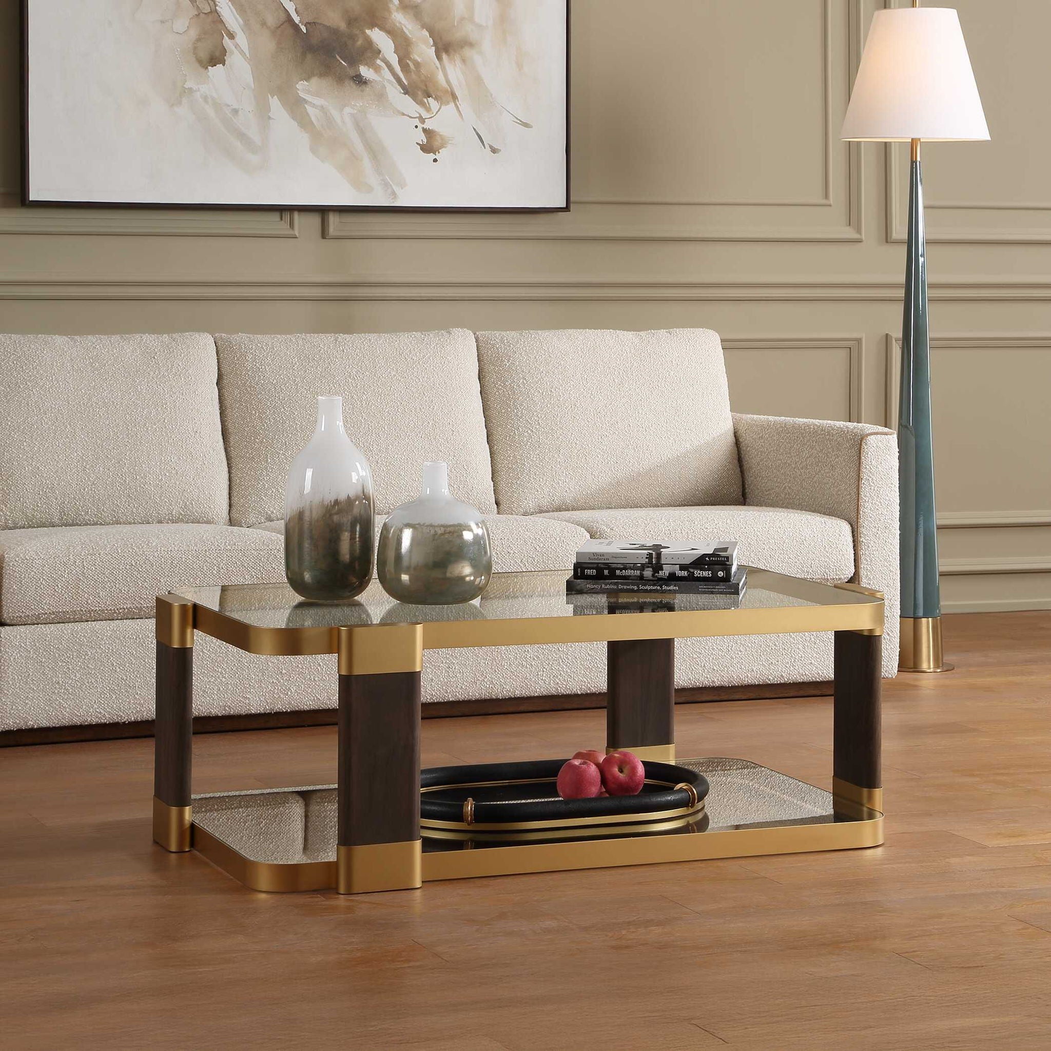 Ryles - Glass Coffee Table - Brass / Brown / Woodtone