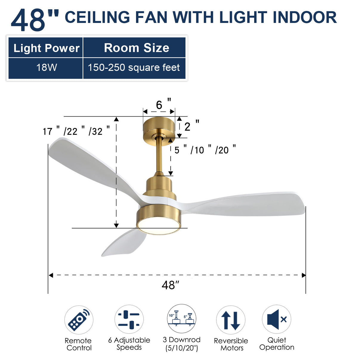 48" Ceiling Fan With 3 Blades Body, Remote Control Reversible DC Motor For Living Room - Gold