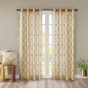 Saratoga - 95" Fretwork Print Grommet Top Window Curtain - Beige / Gold