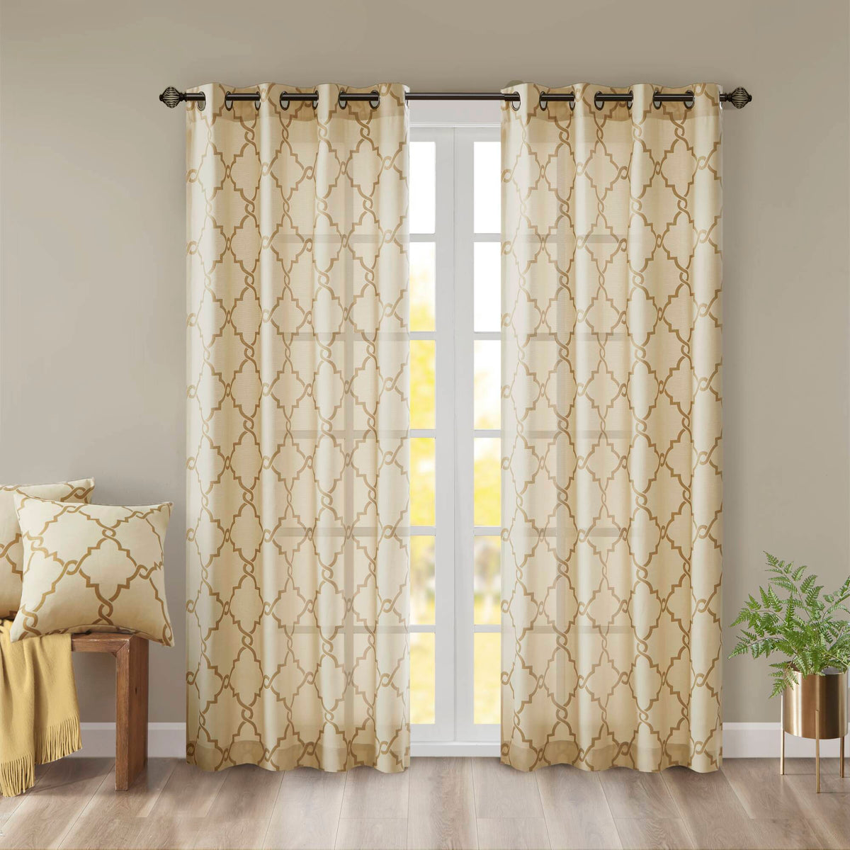 Saratoga - 95" Fretwork Print Grommet Top Window Curtain - Beige / Gold