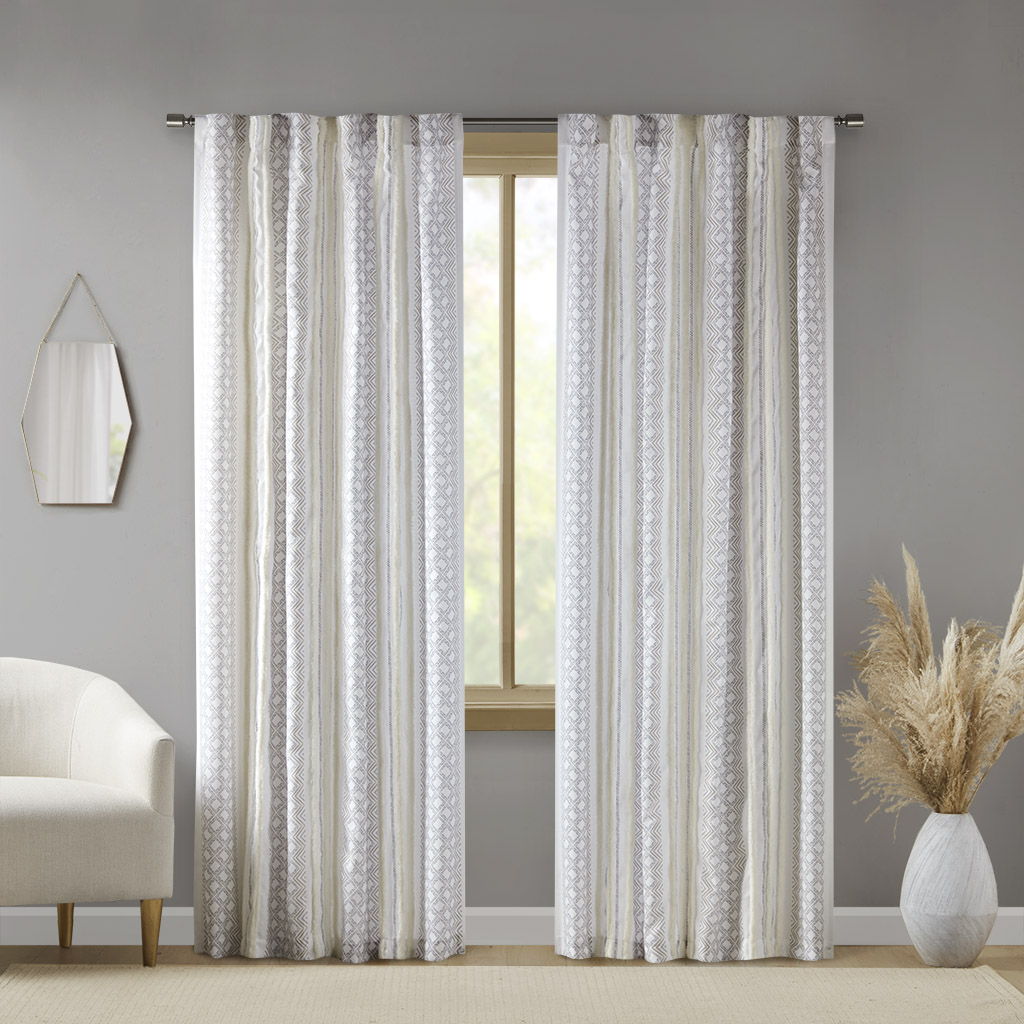 Ebby - 50x95" Poly Printed Curtain Panel With Tufted Stripe (Set of 2) - White / Taupe