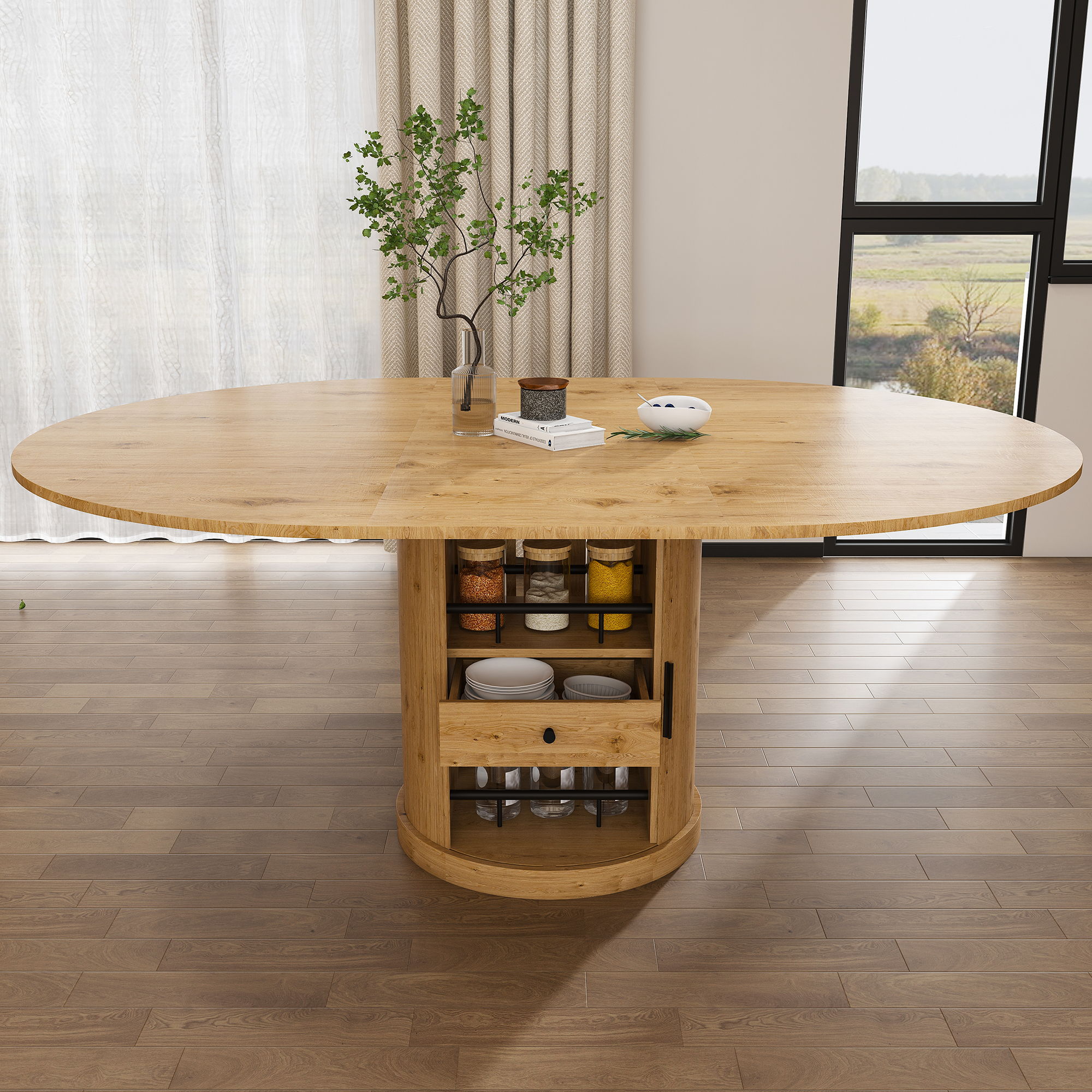 Extendable Oval Dining Table With 2 Tier Storage - Oak